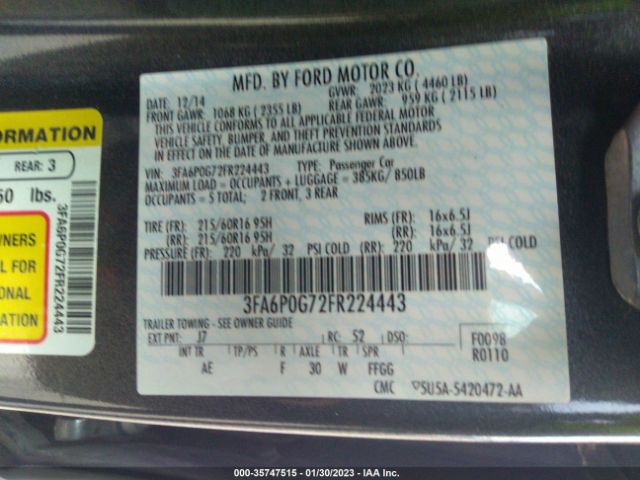 3FA6P0G72FR224443 Ford FUSION S