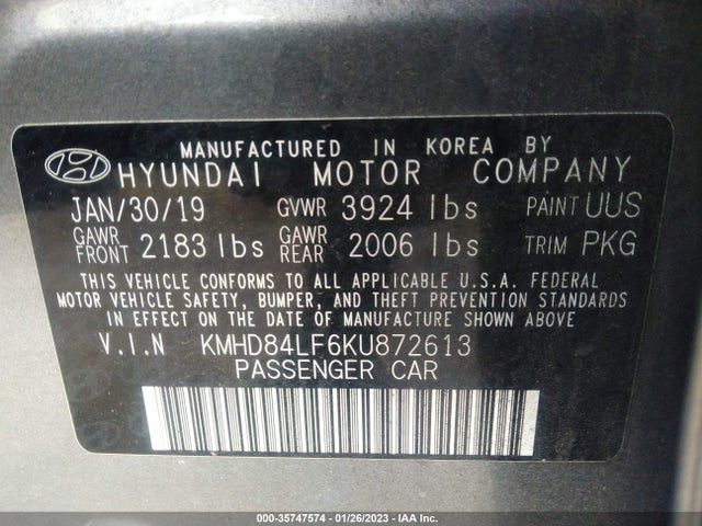 2019 Hyundai Elantra, VIN: KMHD84LF6KU872613