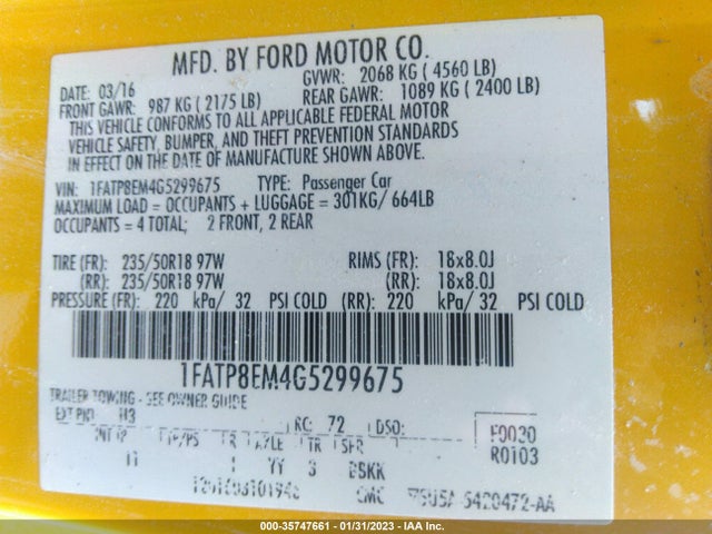 2016 FORD MUSTANG V6 VIN: 1FATP8EM4G5299675