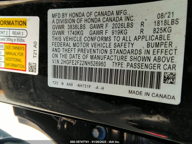 Honda Civic Sedan Lx 2022 2HGFE2F22NH526960 Image 9