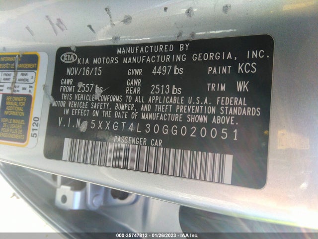 2016 Kia Optima, VIN: 5XXGT4L30GG020051