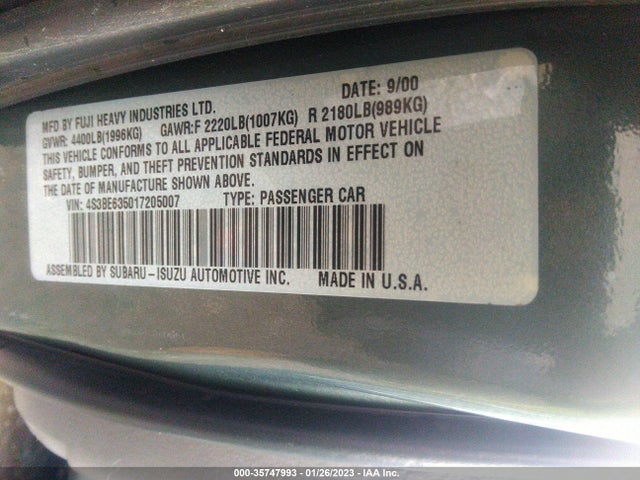 2001 SUBARU LEGACY SEDAN L VIN: 4S3BE635017205007
