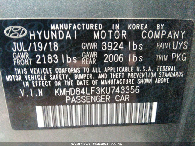 2019 HYUNDAI ELANTRA SEL VIN: KMHD84LF3KU743356