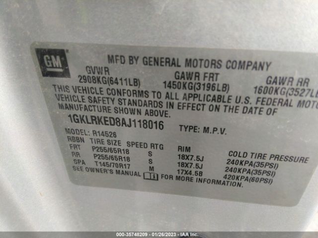 1GKLRKED8AJ118016 GMC ACADIA SL