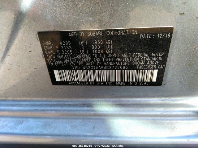 2019 Subaru Impreza, VIN: 4S3GTAA64K3722085