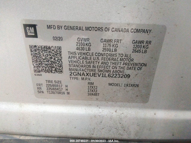Aukcja sprzedaży 2020 Chevrolet Equinox Lt, vin: 2GNAXUEV1L6223209, numer aukcji: 35748221