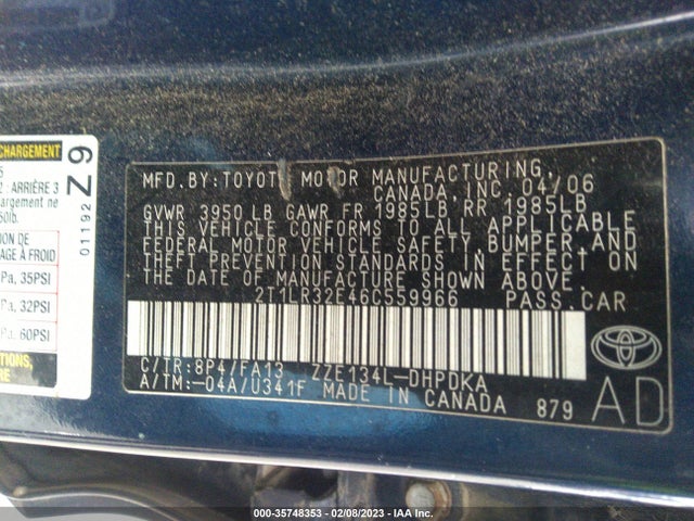 2006 TOYOTA MATRIX STD/XR VIN: 2T1LR32E46C559966
