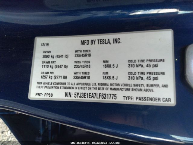5YJ3E1EA7LF631775 Tesla Model 3 Standard Range