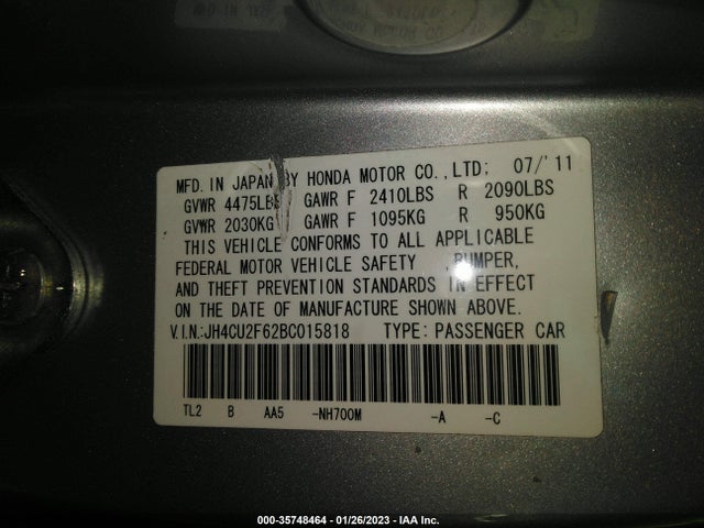 2011 ACURA TSX VIN: JH4CU2F62BC015818