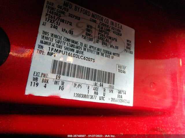 2003 FORD EXPEDITION SPECIAL SERVICE VIN: 1FMPU16L03LC62075