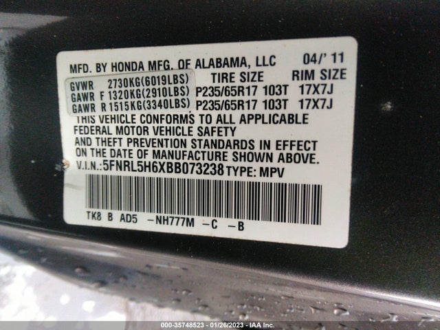 2011 HONDA ODYSSEY EX-L VIN: 5FNRL5H6XBB073238