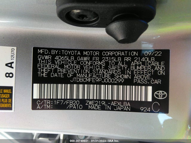2023 TOYOTA COROLLA HYBRID VIN: JTDBCMFE9PJ000299