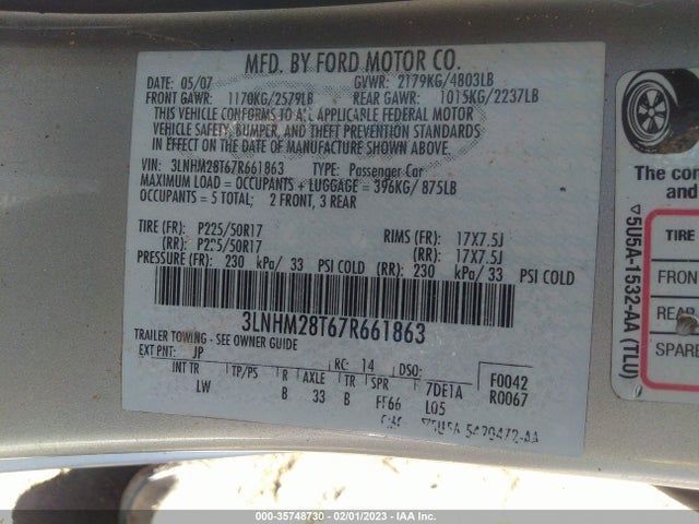 Lincoln MKZ 2007 3LNHM28T67R661863 Image 9