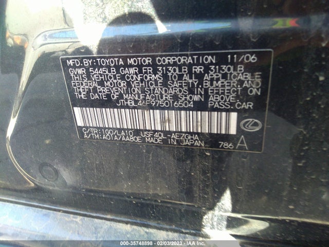2007 LEXUS LS 460 VIN: JTHBL46F975016504