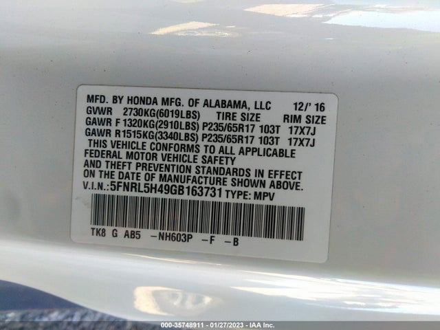 2016 Honda Odyssey, VIN: 5FNRL5H49GB163731