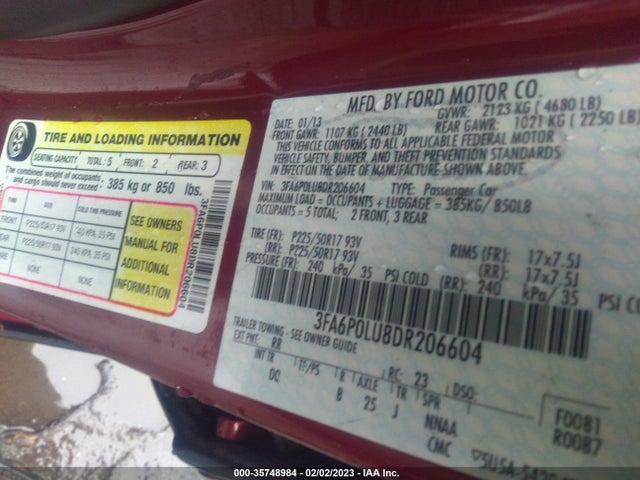 2013 FORD FUSION SE HYBRID VIN: 3FA6P0LU8DR206604