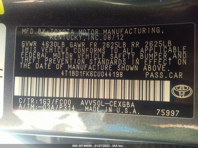 2012 TOYOTA CAMRY HYBRID XLE/LE VIN: 4T1BD1FK6CU044198