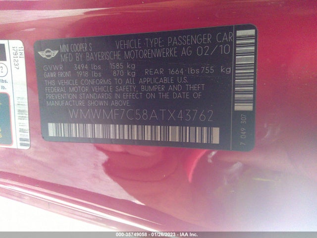 WMWMF7C58ATX43762 Mini Cooper Hardtop S