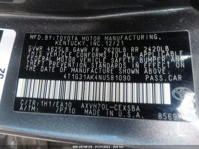 Toyota CAMRY HYBRID 2022 4T1G31AK4NU581090 Image 10