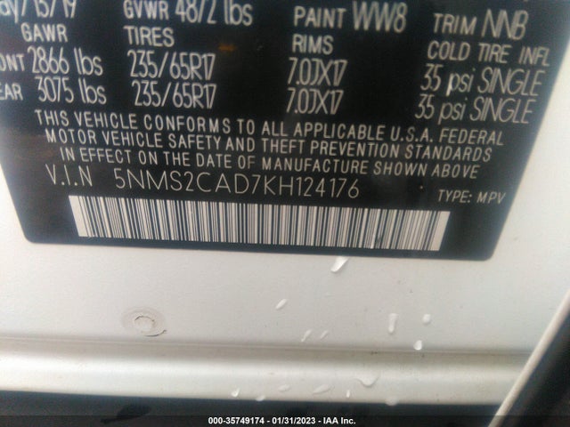 2019 Hyundai Santa Fe, VIN: 5NMS2CAD7KH124176