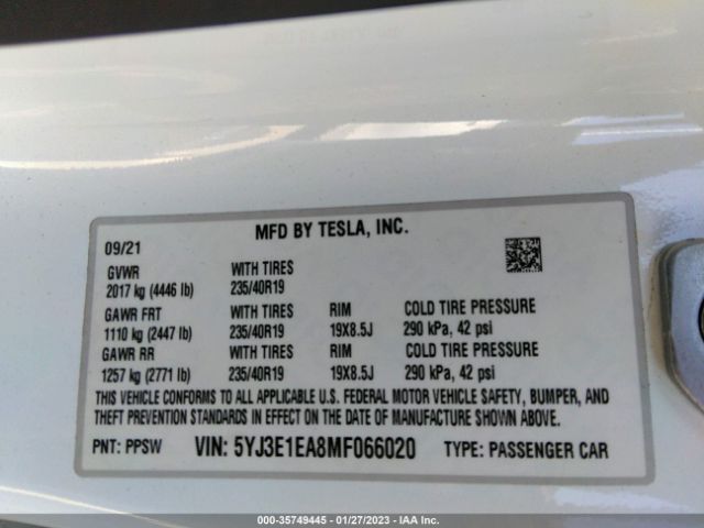 5YJ3E1EA8MF066020 Tesla MODEL 3