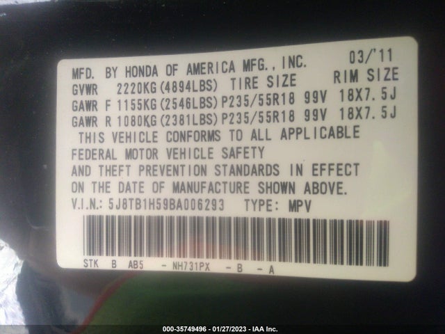 Acura Rdx Tech Pkg 2011 5J8TB1H59BA006293 Image 10