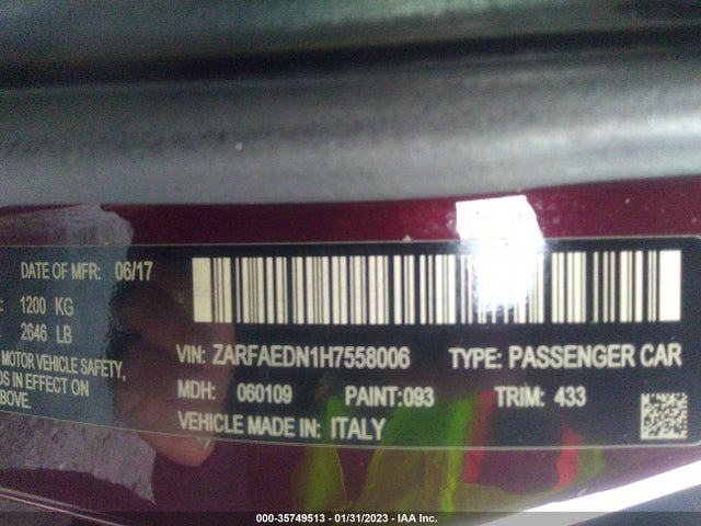 2017 Alfa Romeo Giulia, VIN: ZARFAEDN1H7558006