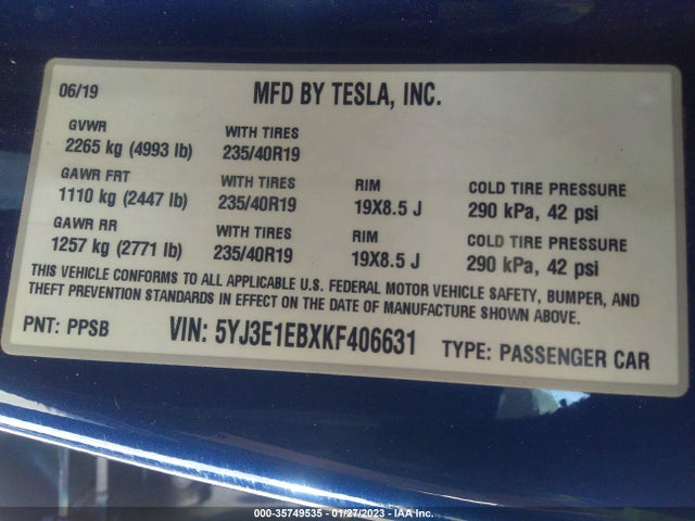 Tesla MODEL 3 2019 5YJ3E1EBXKF406631 Image 10