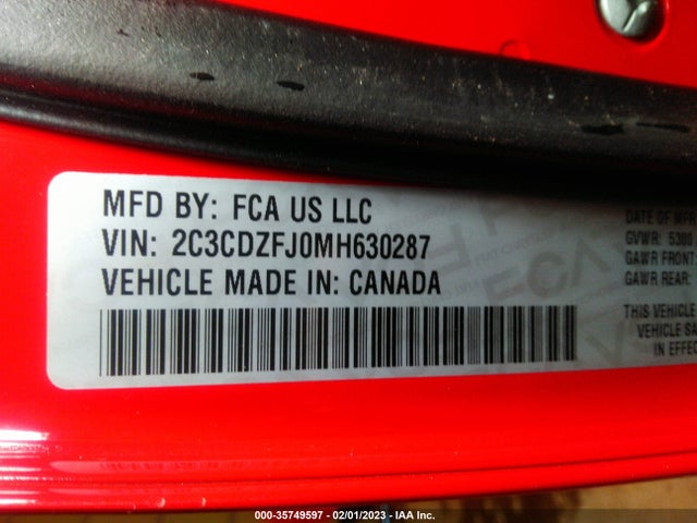 2021 DODGE CHALLENGER R/T SCAT PACK VIN: 2C3CDZFJ0MH630287