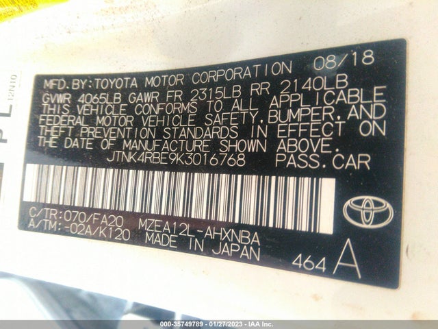 2019 Toyota Corolla, VIN: JTNK4RBE9K3016768