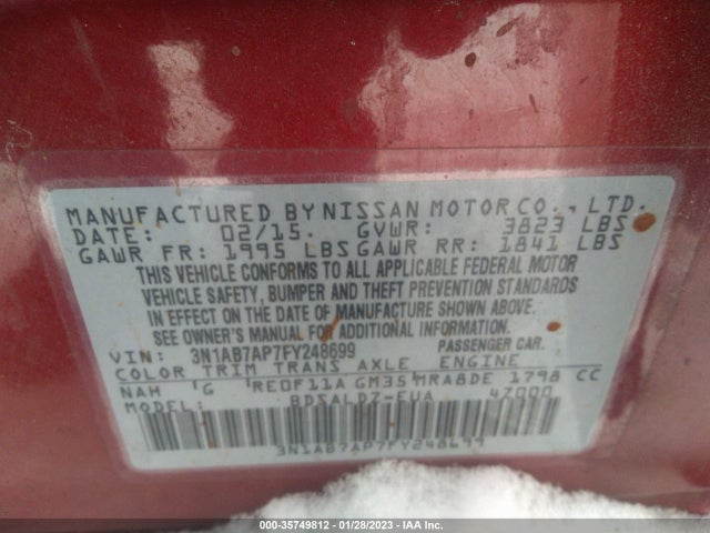 2015 NISSAN SENTRA SR/SL/S/SV/FE+ S VIN: 3N1AB7AP7FY248699