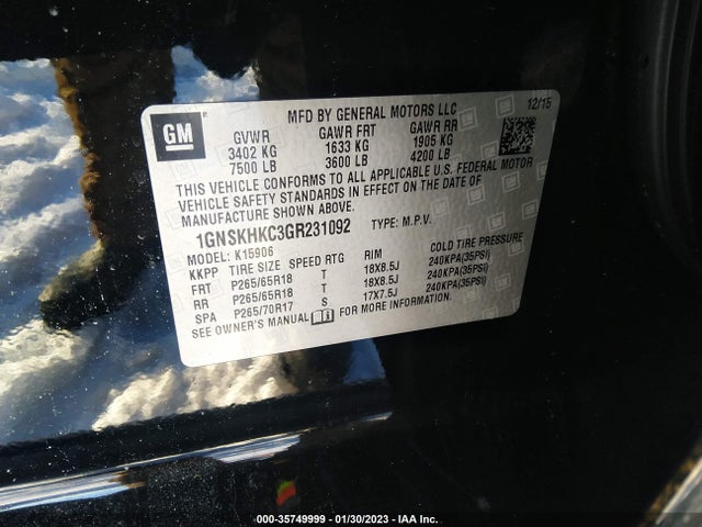 2016 Chevrolet Suburban, VIN: 1GNSKHKC3GR231092