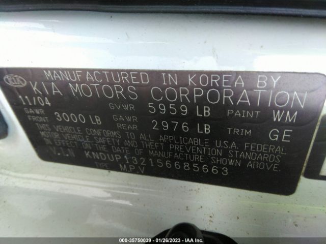 KNDUP132156685663 KIA Sedona Lx/ex