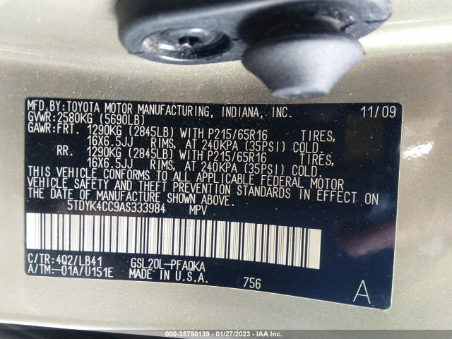 2010 TOYOTA SIENNA XLE VIN: 5TDYK4CC9AS333984