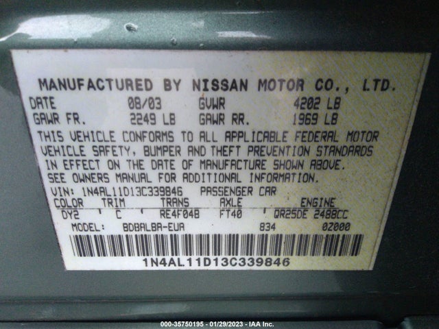 2003 NISSAN ALTIMA S VIN: 1N4AL11D13C339846