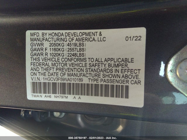 2022 HONDA ACCORD HYBRID EX-L VIN: 1HGCV3F59NA010189