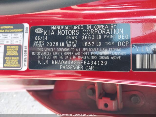KNADM4A36F6434139 KIA RIO LX