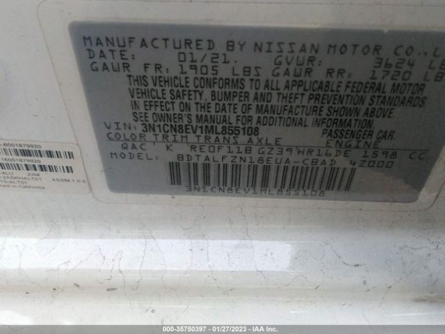 3N1CN8EV1ML855108 Nissan VERSA SV
