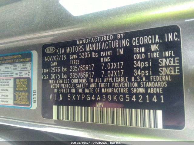 2019 Kia Sorento, VIN: 5XYPG4A39KG542141