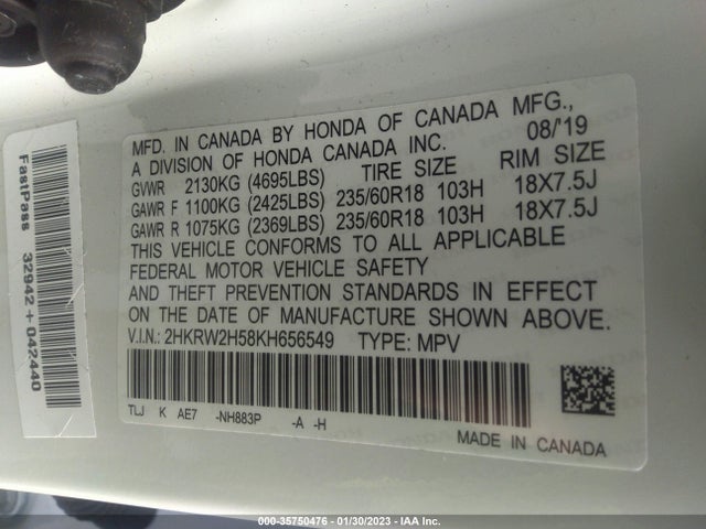 2019 Honda CR-V, VIN: 2HKRW2H58KH656549