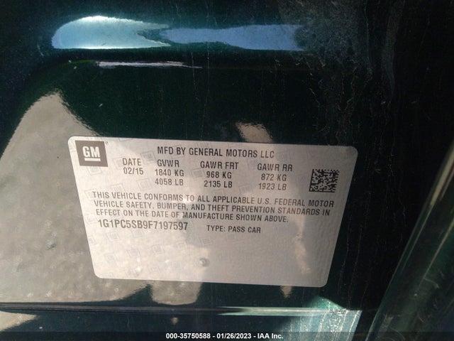 2015 CHEVROLET CRUZE LT VIN: 1G1PC5SB9F7197597
