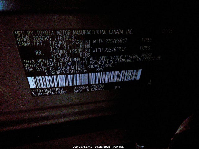 2020 Toyota RAV4, VIN: 2T3G1RFV3LW127554