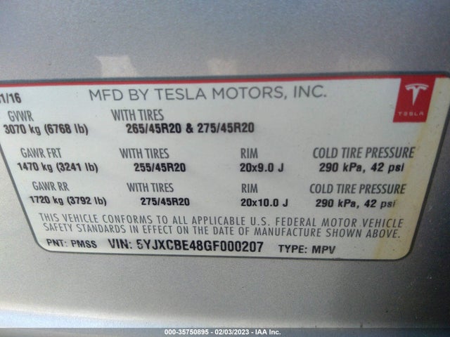 2016 Tesla Model X, VIN: 5YJXCBE48GF000207