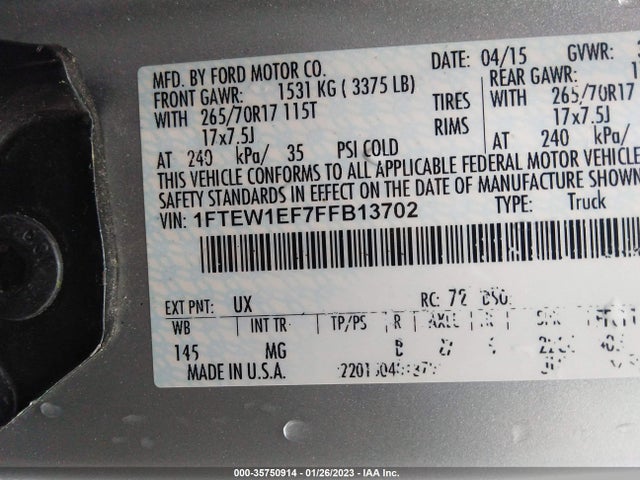 2015 FORD F-150 XLT/XL/LARIAT/PLATINUM VIN: 1FTEW1EF7FFB13702