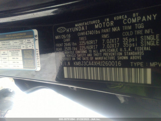 2017 HYUNDAI TUCSON SE VIN: KM8J3CA4XHU260016