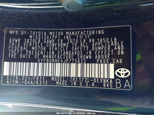 2018 Toyota Corolla, VIN: 5YFBURHE4JP775622