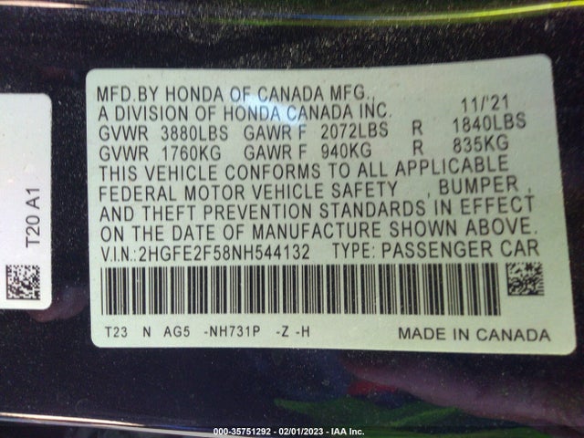 2022 Honda Civic, VIN: 2HGFE2F58NH544132