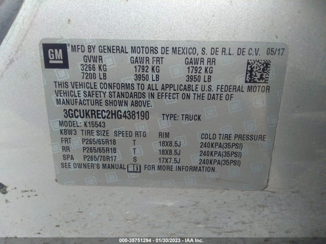 2017 CHEVROLET SILVERADO 1500 LT VIN: 3GCUKREC2HG438190