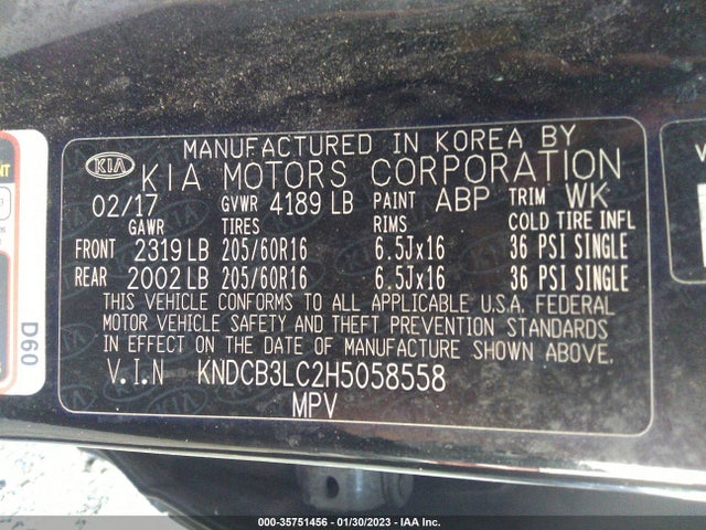 2017 KIA NIRO LX VIN: KNDCB3LC2H5058558