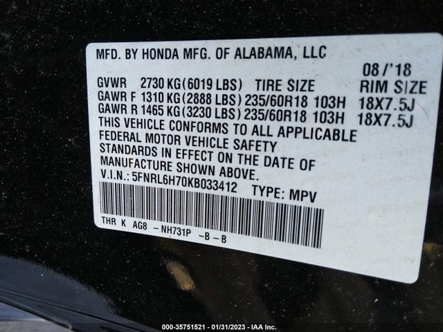 2019 HONDA ODYSSEY EX-L VIN: 5FNRL6H70KB033412